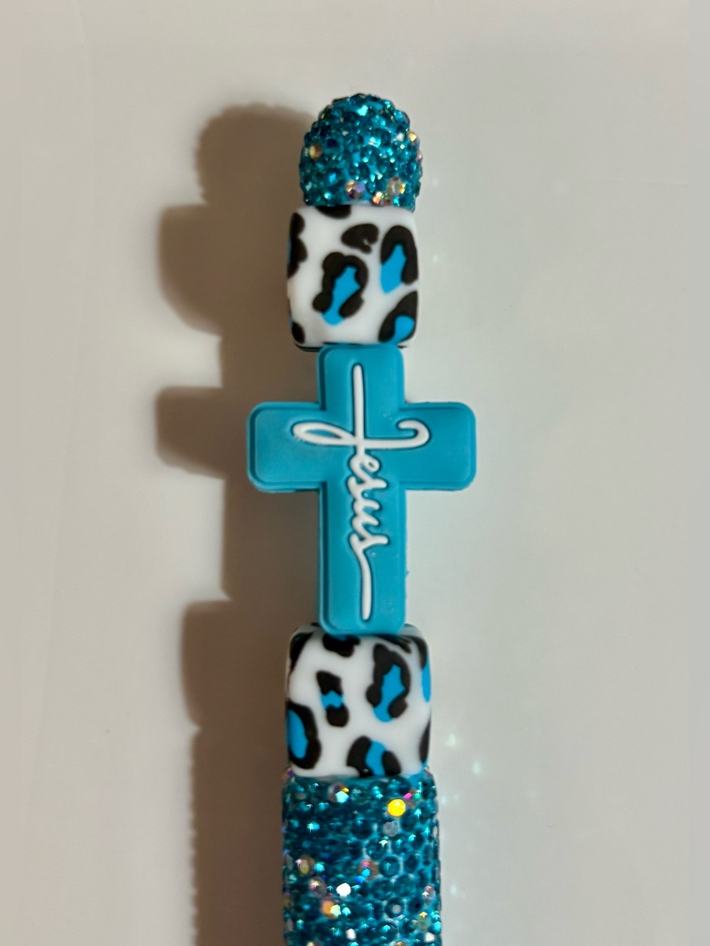 NIP Blue Cross Beaded Ink Pen  with 'Jesus' Accent